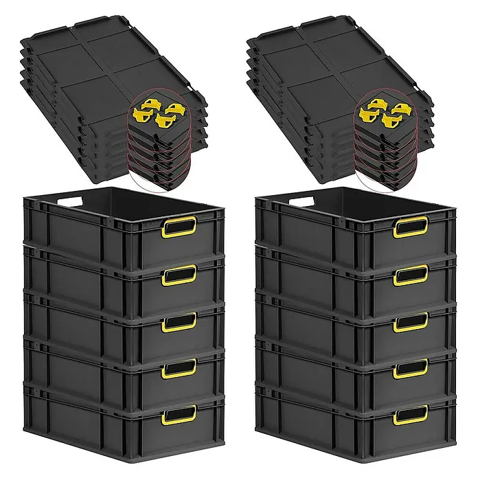 Proregal Euroboxen-Set 10x Eurobox NextGen Color mit Auflagedeckel und Schiebeschnappverschlüsse - L x B x H: 60 x 40 x 17 cm, Kunststoff, Schwarz, Gelb, 10 Stk. - Gestapelte schwarze Kunststoffkisten mit gelben Griffen und schwarzen Deckeln mit gelben Clips zur sicheren Aufbewahrung und Organisation.