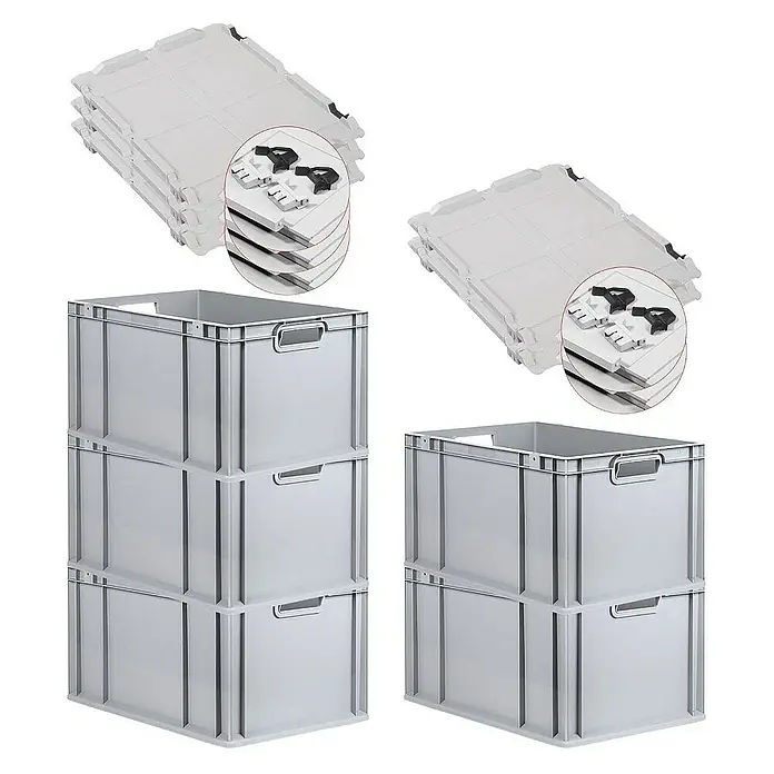 Proregal Euroboxen-Set 5x Eurobox NextGen Grip mit Scharnierdeckel und schwarzen Verschlüssen - L x B x H: 60 x 40 x 32 cm, Kunststoff, Grau, 5 Stk. - Das Bild zeigt graue Kunststoffboxen und dazugehörige Deckel. Die Boxen sind gestapelt und die Deckel liegen separat.