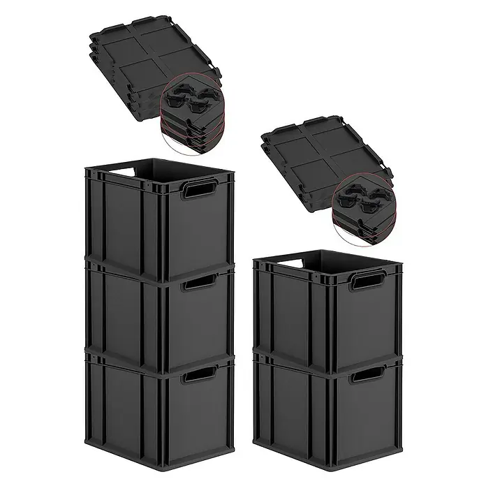 Proregal Euroboxen-Set 5x Eurobox NextGen Grip mit Auflagedeckel inkl. 4 schwarzen Verschlüssen - Kunststoff, Schwarz, 5 Stk. - Schwarze Kunststoff-Lagerboxen mit Deckeln, gestapelt. Praktische Aufbewahrungslösung für Zuhause und Büro.