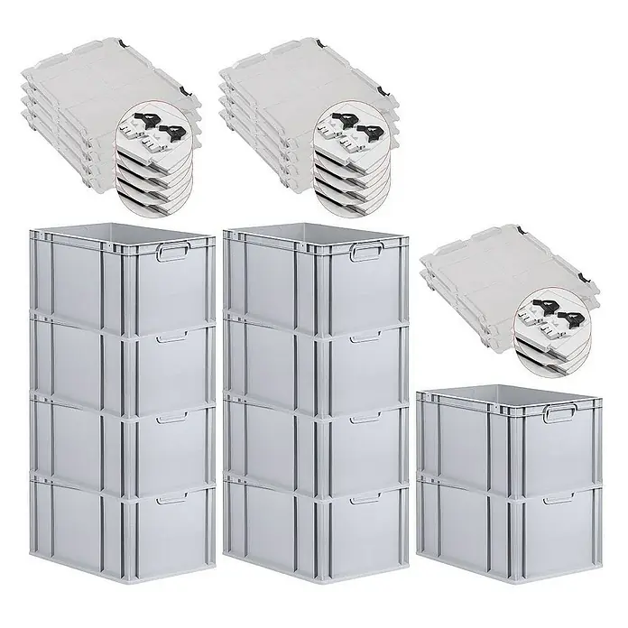Proregal Euroboxen-Set 10x Eurobox NextGen Grip mit Scharnierdeckel und schwarzen Verschlüssen - L x B x H: 60 x 40 x 32 cm, Kunststoff, Grau, 10 Stk. - Graue Kunststoffbehälter und Deckel. Praktisch für die Aufbewahrung. Ideal für Lagerung und Transport mit Griffen und stabilem Design.