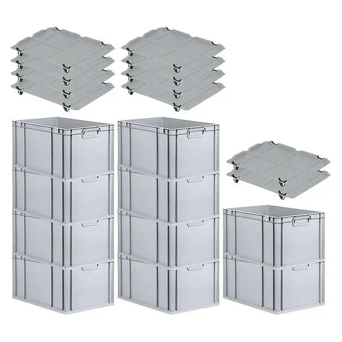 Proregal Euroboxen-Set 10x Eurobox NextGen Economy mit Auflagedeckel und 4x Verschlüsse Schwarz - Kunststoff, Grau, 10 Stk. - Ein Set aus grauen Kunststoffboxen und passenden Deckeln, ideal für Lagerung und Transport.