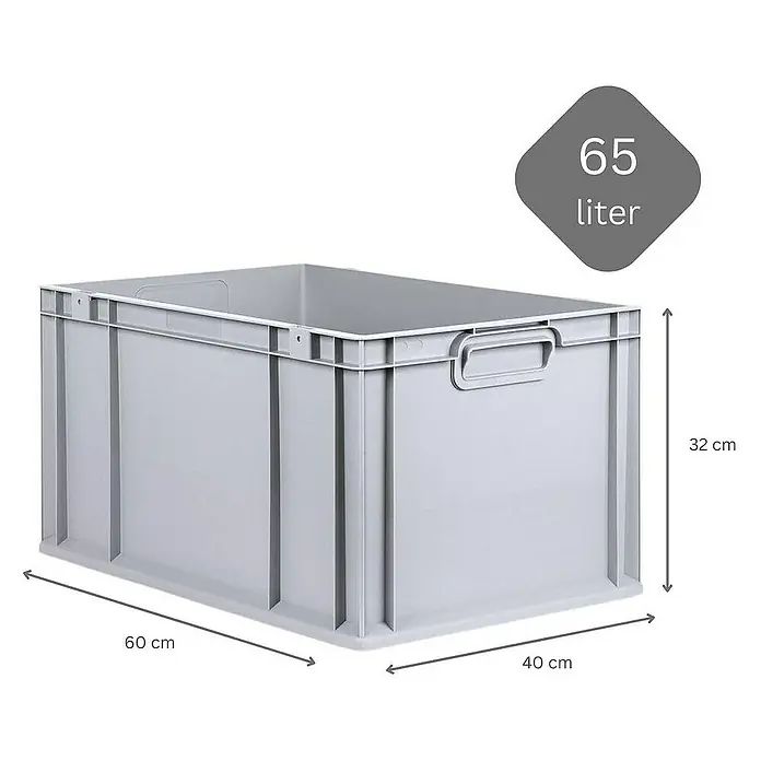 Proregal Euroboxen-Set 10x Eurobox NextGen Economy mit Auflagedeckel und 4x Verschlüsse Schwarz - Kunststoff, Grau, 10 Stk. - Abbildung einer grauen 65-Liter-Eurobox aus Kunststoff mit Griffen und den Maßen 60x40x32 cm.