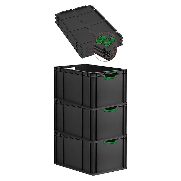 Proregal Euroboxen-Set 3x Eurobox NextGen Color mit Auflagedeckel und Schiebeschnappverschlüsse - L x B x H: 60 x 40 x 32 cm, Kunststoff, Schwarz, Grün, 3 Stk. - Schwarze Kunststoffbehälter, gestapelt und zusammenklappbar, mit grünen Griffen und Verbindungselementen. Praktische Aufbewahrungslösung.