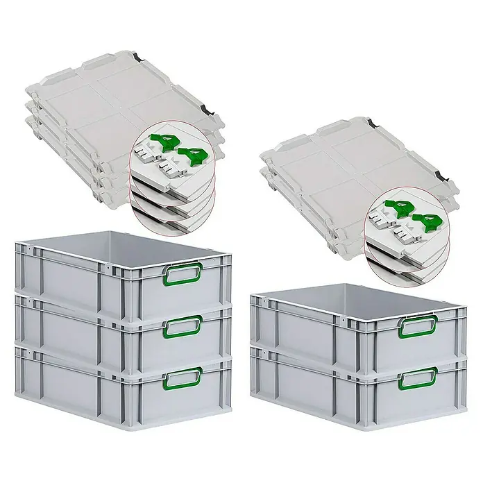 Proregal Euroboxen-Set 5x Eurobox NextGen Color mit Scharnierdeckel und Verschlüssen - L x B x H: 60 x 40 x 17 cm, Kunststoff, Grau, Grün, 5 Stk. - Abbildung von drei grauen Lagerboxen und vier grauen Deckeln mit grünen Verschlüssen. Praktisch für Lagerung.