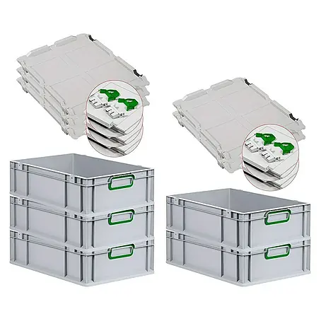 SuperSparSet 5x Eurobox NextGen Color mit Scharnierdeckel und Schiebeschnappverschlüssen | HxBxT 17x40x60cm | 34 Liter | Grau | Griffe grün geschlossen | Glatter Boden | Eurobehälter, Transportbox, Transportbehälter, Stapelbehälter