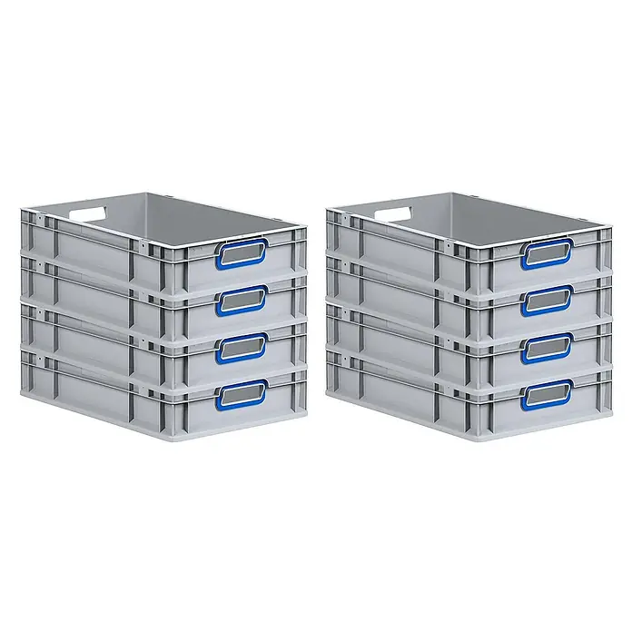 SuperSparSet 8x Eurobox NextGen Color | HxBxT 12x40x60cm | 23 Liter | Griffe blau offen | Glatter Boden | Grau | Eurobehälter, Transportbox, Transportbehälter, Stapelbehälter -  - Zwei Stapel grauer Kunststoffboxen mit blauen Griffen. Die Boxen sind leer und sauber. Die Stapel bestehen jeweils aus vier Boxen.