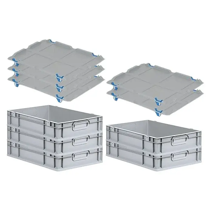Proregal Euroboxen-Set 5x Eurobox NextGen Economy mit Auflagedeckel und 4x Verschlüsse Blau - L x B x H: 60 x 40 x 12 cm, Kunststoff, Grau, 5 Stk. - Stapelbare graue Kunststoffbehälter und Deckel. Die Behälter haben Griffe, während die Deckel blaue Verriegelungen aufweisen.
