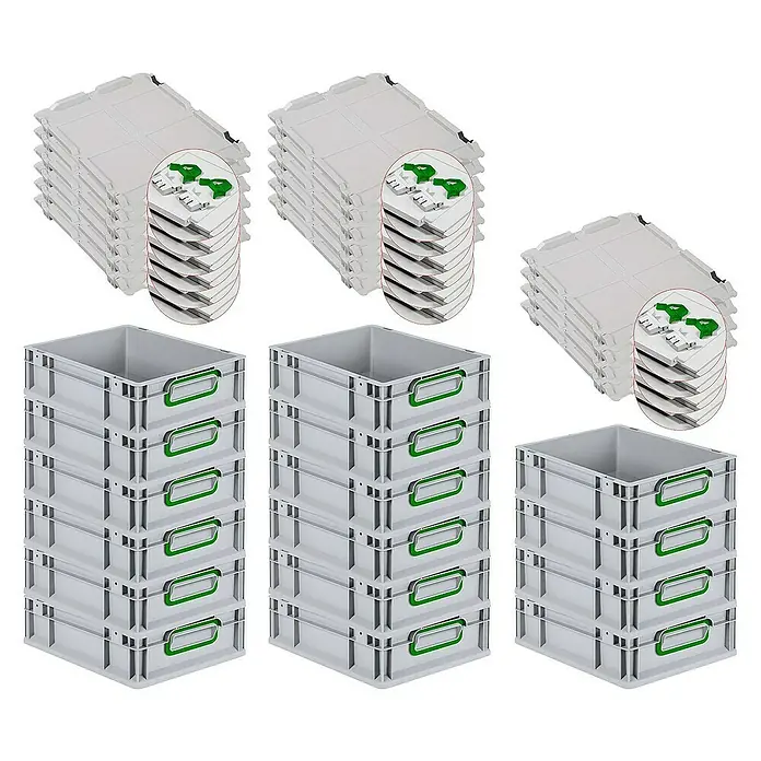 SuperSparSet 16x Eurobox NextGen Color mit Scharnierdeckel und Schiebeschnappverschlüssen | HxBxT 12x30x40cm | 11 Liter | Grau | Griffe grün geschlossen | Glatter Boden | Eurobehälter, Transportbox, Transportbehälter, Stapelbehälter -  - Abbildung von drei Stapeln grauer Lagerkisten mit grünen Griffen und Deckeln, die eine praktische Aufbewahrungslösung bieten.