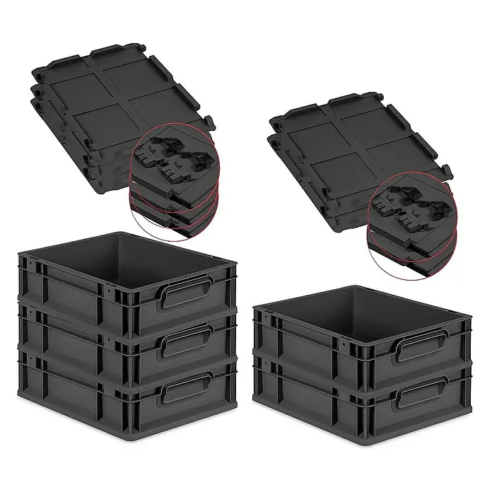 Proregal Euroboxen-Set 5x Eurobox NextGen Grip mit Scharnierdeckel und schwarzen Verschlüssen - L x B x H: 40 x 30 x 12 cm, Kunststoff, Schwarz, 5 Stk. - Schwarze Kunststoffboxen mit Deckel, gestapelt. Praktische Lagerlösung für Zuhause und Büro, robust und vielseitig einsetzbar.