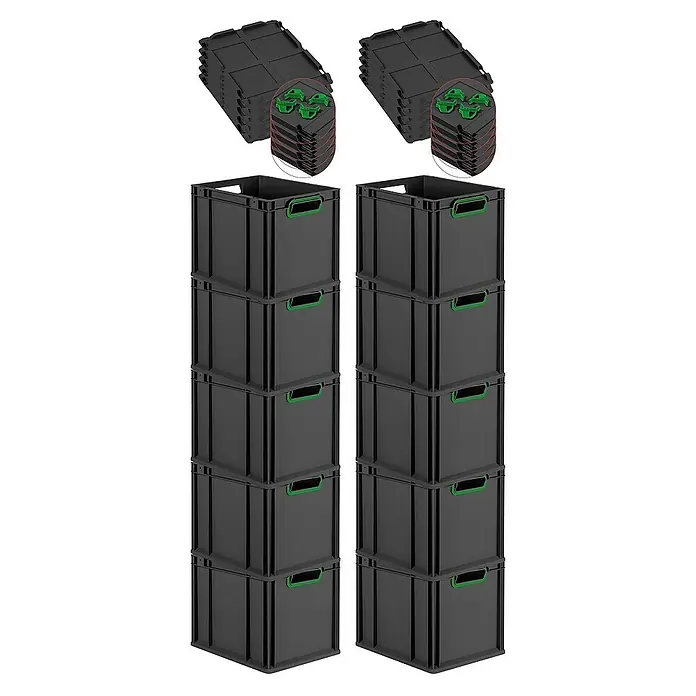 Proregal Euroboxen-Set 10x Eurobox NextGen Color mit Auflagedeckel und Schiebeschnappverschlüsse - Kunststoff, Schwarz, Grün, 10 Stk. - Schwarze Eurobehälter mit grünen Griffen und Deckel, stapelbar für Lagerung und Transport, ideal für Ordnung und Organisation.