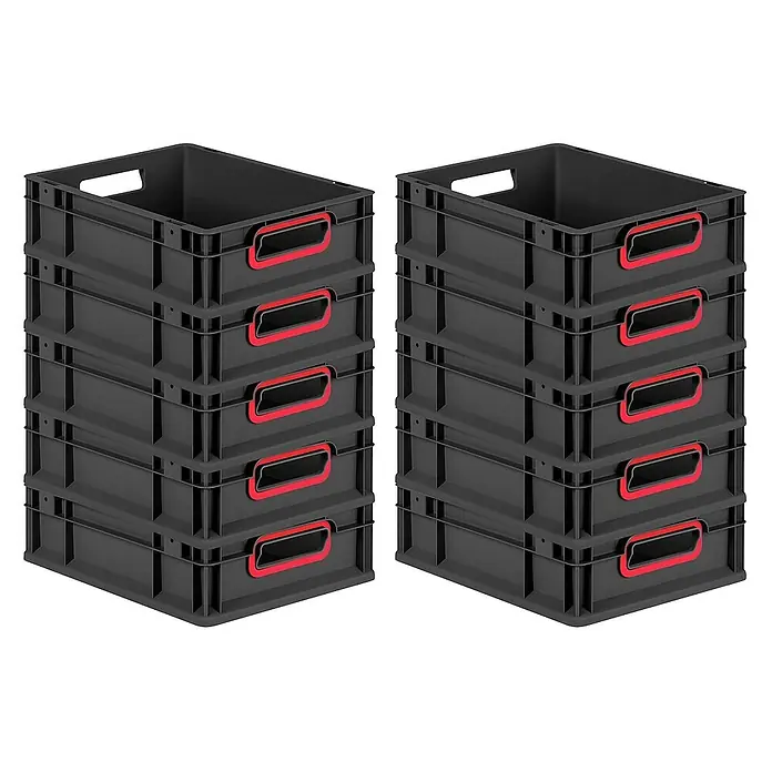 Proregal Euroboxen-Set 10x Eurobox NextGen Color - L x B x H: 40 x 30 x 12 cm, Kunststoff, Schwarz, Rot, 10 Stk. - Zwei Stapel grauer Kunststoffkisten mit roten Griffen für eine effiziente Lagerung und Organisation im Haushalt oder im Gewerbe.