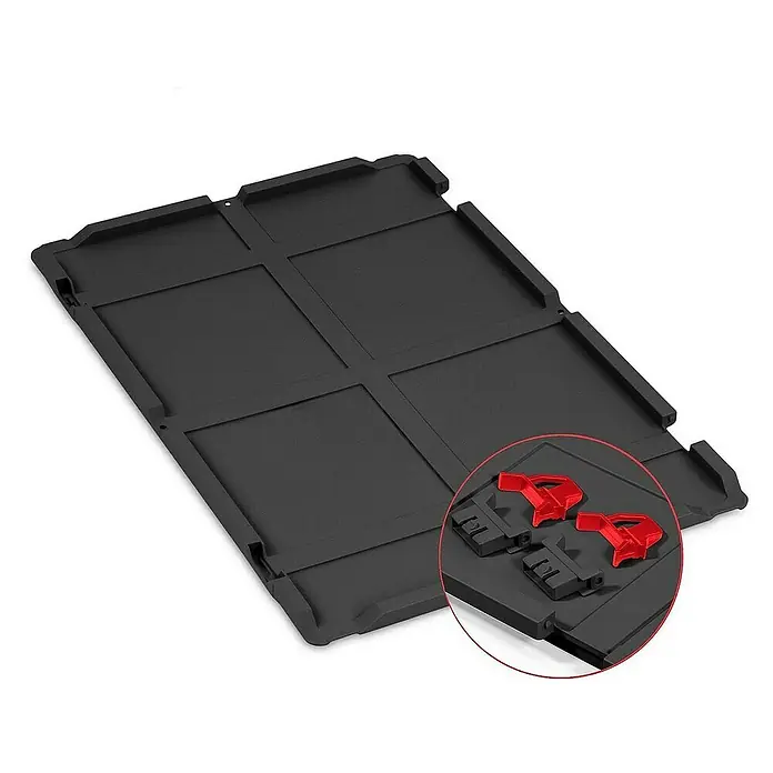 SuperSparSet 5x Eurobox NextGen Color mit Scharnierdeckel und Schiebeschnappverschlüssen | HxBxT 32x40x60cm | 65 Liter | Schwarz | Griffe rot geschlossen | Verstärkter Boden | Eurobehälter, Transportbox, Transportbehälter, Stapelbehälter -  - Schwarze Kofferraummatte mit sechs Fächern und roten Befestigungsclips für einen sicheren Halt des Ladeguts im Fahrzeug.