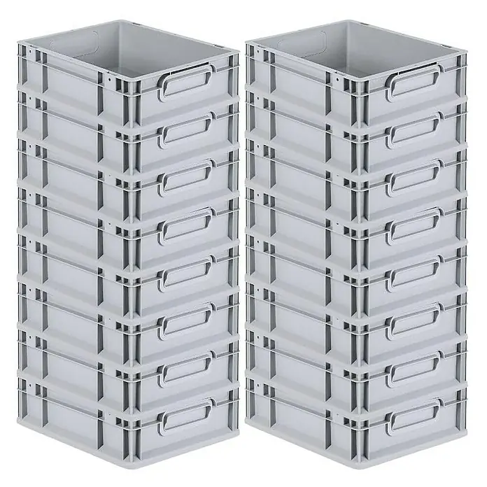 Proregal Euroboxen-Set 16x Eurobox NextGen Economy mit Scharnierdeckel und grünen Verschlüssen - L x B x H: 40 x 30 x 12 cm, Kunststoff, Grau, 16 Stk. - Abbildung von zwei Stapeln grauer Eurobehälter aus Kunststoff, die vielseitig für Lagerung und Transport geeignet sind.