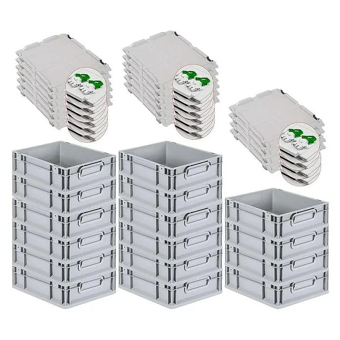 Proregal Euroboxen-Set 16x Eurobox NextGen Economy mit Scharnierdeckel und grünen Verschlüssen - L x B x H: 40 x 30 x 12 cm, Kunststoff, Grau, 16 Stk. - Stapelbare graue Eurobehälter und zugehörige Deckel. Robuste und praktische Lagerlösung für verschiedene Anwendungen.