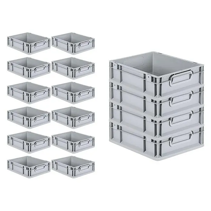 Proregal Euroboxen-Set 16x Eurobox NextGen Economy mit Scharnierdeckel und grünen Verschlüssen - L x B x H: 40 x 30 x 12 cm, Kunststoff, Grau, 16 Stk. - Ansicht eines Stapels von vier grauen Lagerkisten sowie zehn separater Lagerkisten. Sie sind aus Kunststoff, robust und stapelbar für die Lagerung.
