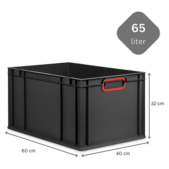 SuperSparSet 5x Eurobox NextGen Color mit Scharnierdeckel und Schiebeschnappverschlüssen | HxBxT 32x40x60cm | 65 Liter | Schwarz | Griffe rot geschlossen | Verstärkter Boden | Eurobehälter, Transportbox, Transportbehälter, Stapelbehälter -  - Abbildung einer schwarzen 65-Liter-Aufbewahrungsbox mit den Maßen 60x40x32 cm.
