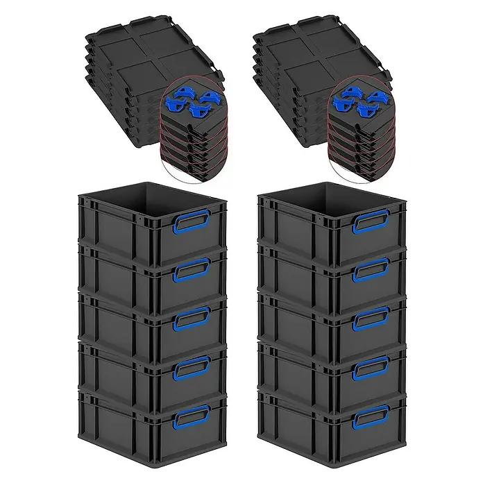 Proregal Euroboxen-Set 10x Eurobox NextGen Color mit Auflagedeckel und Schiebeschnappverschlüsse - L x B x H: 40 x 30 x 17 cm, Kunststoff, Schwarz, Blau, 10 Stk. - Stapel von schwarzen Kunststoffbehältern und Deckeln mit blauen Griffen, ideal für Lagerung und Organisation.