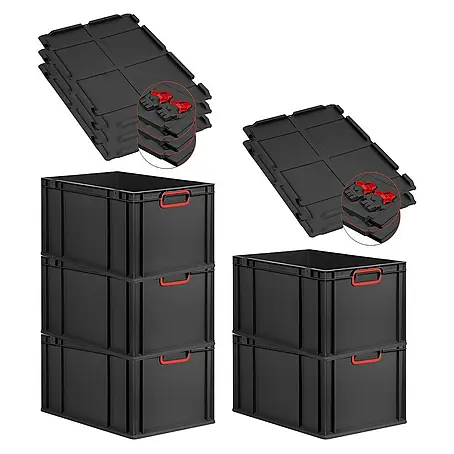 SuperSparSet 5x Eurobox NextGen Color mit Scharnierdeckel und Schiebeschnappverschlüssen | HxBxT 32x40x60cm | 65 Liter | Schwarz | Griffe rot geschlossen | Verstärkter Boden | Eurobehälter, Transportbox, Transportbehälter, Stapelbehälter