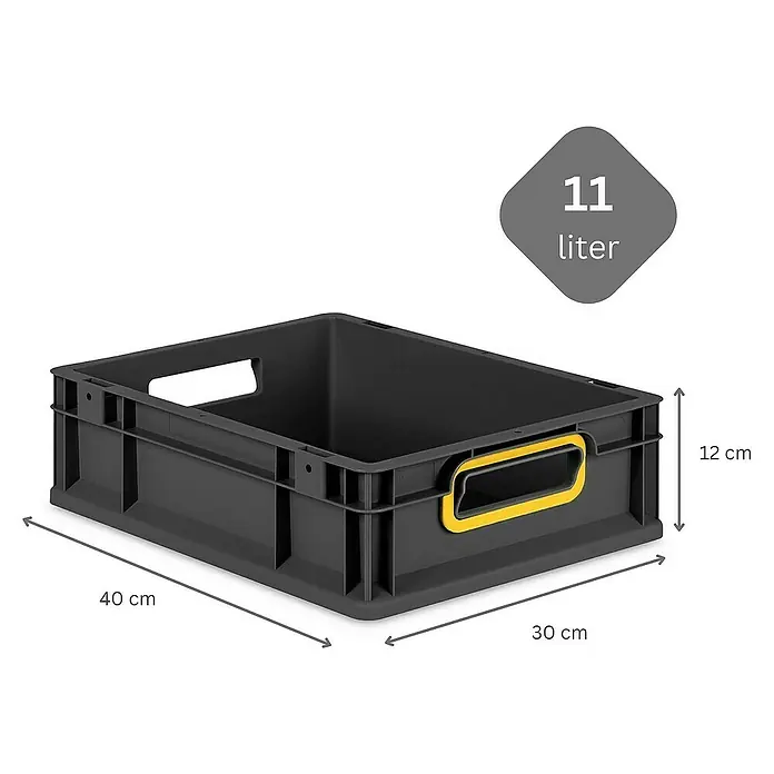 Proregal Euroboxen-Set 10x Eurobox NextGen Color mit Scharnierdeckel und Verschlüssen - L x B x H: 40 x 30 x 12 cm, Kunststoff, Schwarz, Gelb, 10 Stk. - Ein schwarzer 11-Liter-Stapelbehälter aus Kunststoff mit gelben Griffen und den Maßen 40 x 30 x 12 cm.