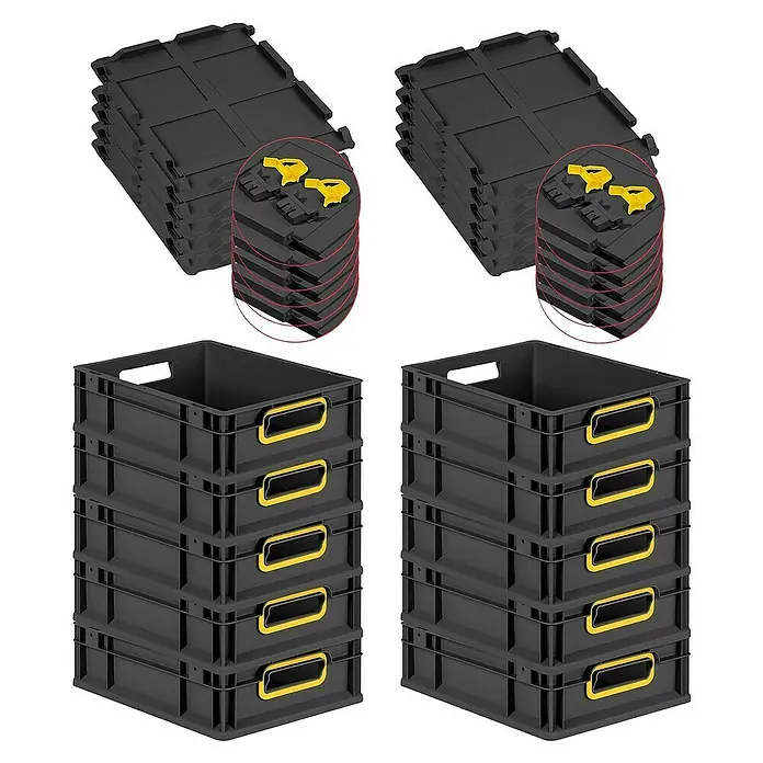 Proregal Euroboxen-Set 10x Eurobox NextGen Color mit Scharnierdeckel und Verschlüssen - L x B x H: 40 x 30 x 12 cm, Kunststoff, Schwarz, Gelb, 10 Stk. - Zwei Stapel schwarzer, stapelbarer Kunststoffbehälter mit gelben Akzenten und dazu passende schwarze Deckel.