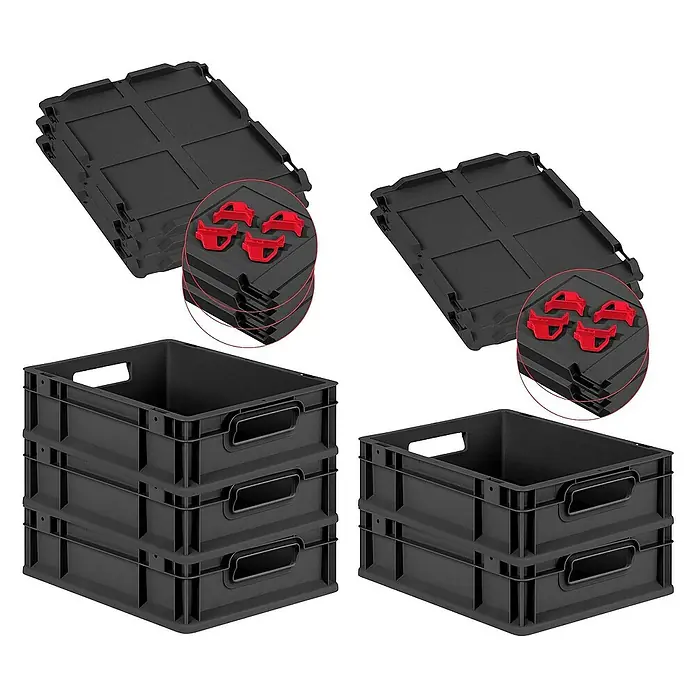 Proregal Euroboxen-Set 5x Eurobox NextGen Grip mit Scharnierdeckel und roten Verschlüssen - L x B x H: 40 x 30 x 12 cm, Kunststoff, Schwarz, 5 Stk. - Bild von schwarzen stapelbaren Euroboxen und Deckeln. Das Set ist ideal für Lagerung und Transport.