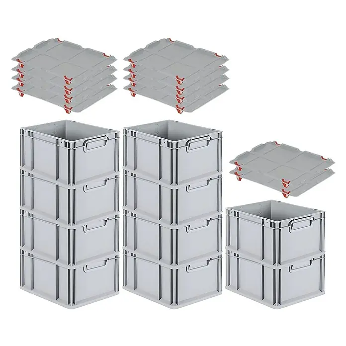 Proregal Euroboxen-Set 10x Eurobox NextGen Grip mit Auflagedeckel inkl. 4 roten Verschlüssen - L x B x H: 40 x 30 x 22 cm, Kunststoff, Grau, 10 Stk. - Foto von grauen Kunststoffboxen und passenden Deckeln, die sich ideal für Lagerung und Organisation eignen.