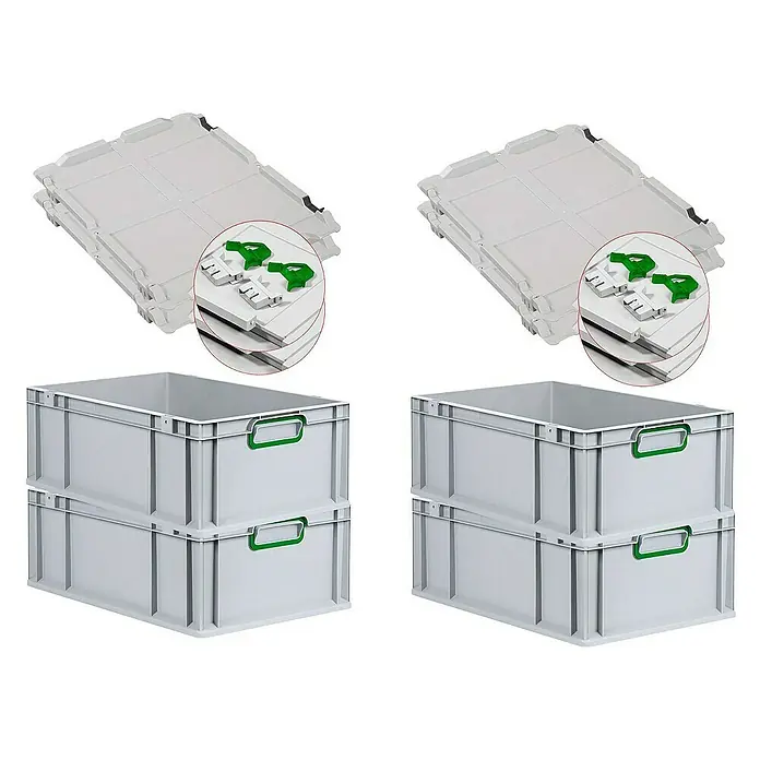 Proregal Euroboxen-Set 4x Eurobox NextGen Color mit Scharnierdeckel und Verschlüssen - L x B x H: 60 x 40 x 22 cm, Kunststoff, Grau, Grün, 4 Stk. - Zwei graue Kunststoffboxen mit grünen Griffen und zwei graue Deckel mit grünen Verschlüssen.