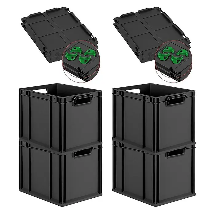 Proregal Euroboxen-Set 4x Eurobox NextGen Grip mit Scharnierdeckel und grünen Verschlüssen - Kunststoff, Schwarz, 4 Stk. - Zwei Stapel schwarzer Kunststoffkisten mit Deckeln, die sich ideal zur Aufbewahrung und Organisation eignen.