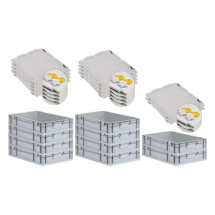 Proregal Euroboxen-Set 10x Eurobox NextGen Economy mit Scharnierdeckel und gelben Verschlüssen - L x B x H: 60 x 40 x 12 cm, Kunststoff, Grau, 10 Stk. - Graue Lagerbehälter und zugehörige Deckel, ideal für Lagerung und Organisation. Sie bieten praktische Stapelbarkeit und Schutz für den Inhalt.