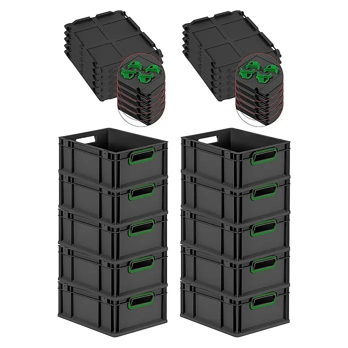 Proregal Euroboxen-Set 10x Eurobox NextGen Color mit Auflagedeckel und Schiebeschnappverschlüsse - L x B x H: 40 x 30 x 17 cm, Kunststoff, Schwarz, Grün, 10 Stk. - Bild von zwei Stapeln schwarzen Behältern und Deckeln mit grünen Clips, ideal für Lagerung und Organisation.