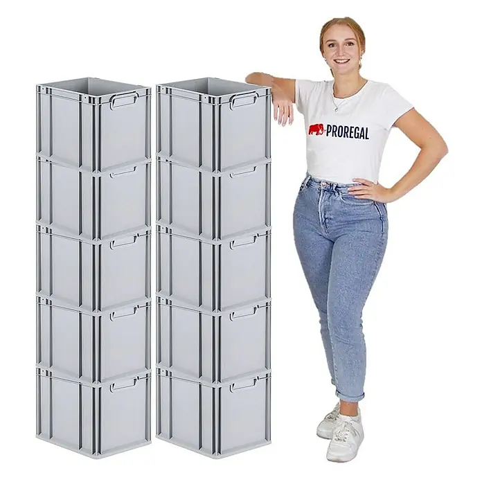 Proregal Euroboxen-Set 10x Eurobox NextGen Grip mit Auflagedeckel inkl. 4 schwarzen Verschlüssen - Kunststoff, Grau, 10 Stk. - Zwei Stapel grauer Aufbewahrungsboxen, die vielseitigen Stauraum bieten und durch ihr schlichtes Design überzeugen.