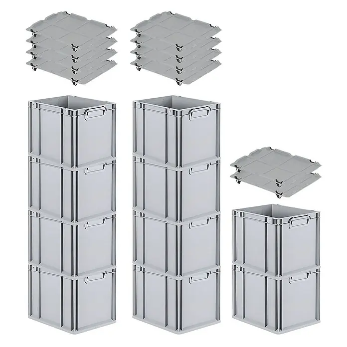 Proregal Euroboxen-Set 10x Eurobox NextGen Grip mit Auflagedeckel inkl. 4 schwarzen Verschlüssen - Kunststoff, Grau, 10 Stk. - Produktbild mit grauen Kunststoffboxen in verschiedenen Stapeln und passenden Rollbrettern für einfachen Transport.