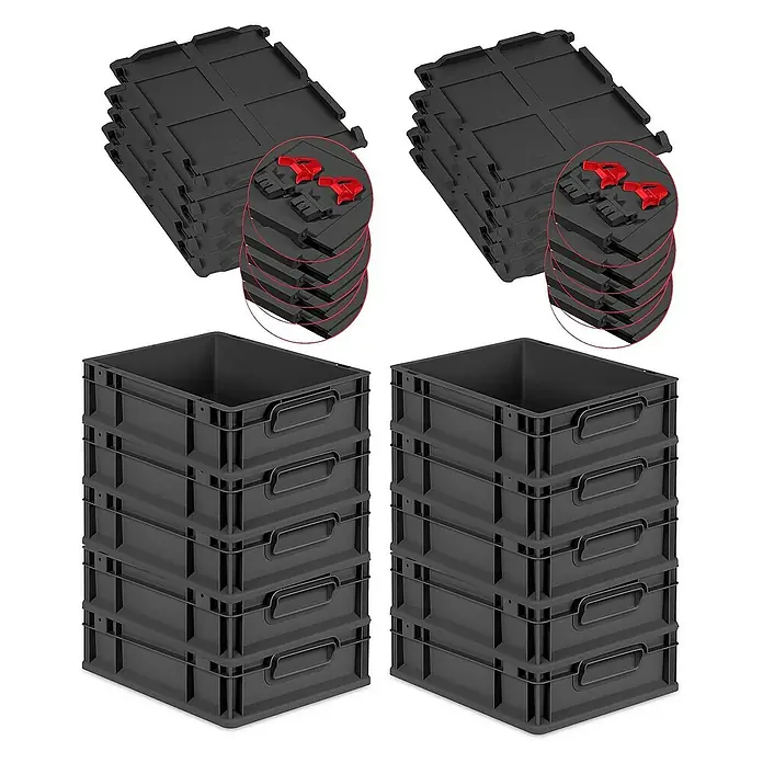 Proregal Euroboxen-Set 10x Eurobox NextGen Grip mit Scharnierdeckel und roten Verschlüssen - L x B x H: 40 x 30 x 12 cm, Kunststoff, Schwarz, 10 Stk. - Bild von zwei Stapeln mit schwarzen Aufbewahrungsboxen und schwarzen Bodenfliesen mit roten Verbindungselementen.