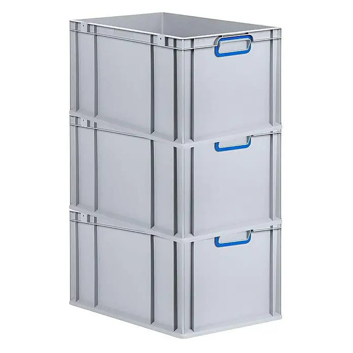 Proregal Euroboxen-Set 3x Eurobox NextGen Color - L x B x H: 60 x 40 x 32 cm, Kunststoff, Grau, Blau, 3 Stk. - Drei graue Kunststoffboxen sind übereinander gestapelt und verfügen über blaue Griffe für einfachen Transport und Lagerung.