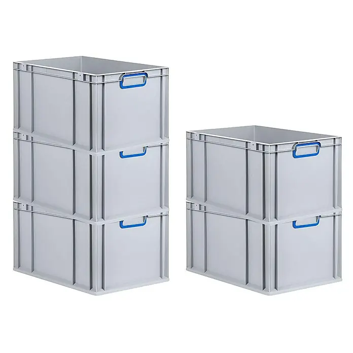 Proregal Euroboxen-Set 3x Eurobox NextGen Color - L x B x H: 60 x 40 x 32 cm, Kunststoff, Grau, Blau, 3 Stk. - Die Abbildung zeigt zwei Stapel grauer Kunststoffboxen mit blauen Griffen. Die Boxen sind stabil und ideal für Lagerung und Transport.