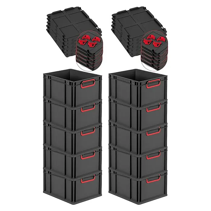 Proregal Euroboxen-Set 10x Eurobox NextGen Color mit Auflagedeckel und Schiebeschnappverschlüsse - L x B x H: 40 x 30 x 22 cm, Kunststoff, Schwarz, Rot, 10 Stk. - Abbildung von schwarzen stapelbaren Aufbewahrungsboxen mit roten Griffen und schwarzen Deckeln mit roten Befestigungen.