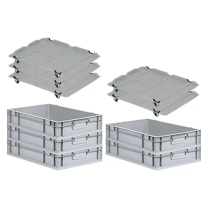 Proregal Euroboxen-Set 5x Eurobox NextGen Economy mit Auflagedeckel und 4x Verschlüsse Schwarz - Kunststoff, Grau, 5 Stk. - Graue Stapelboxen und Rollbretter: Eine Kombination aus drei Stapelboxen und Rollbrettern für den einfachen Transport und die Lagerung.
