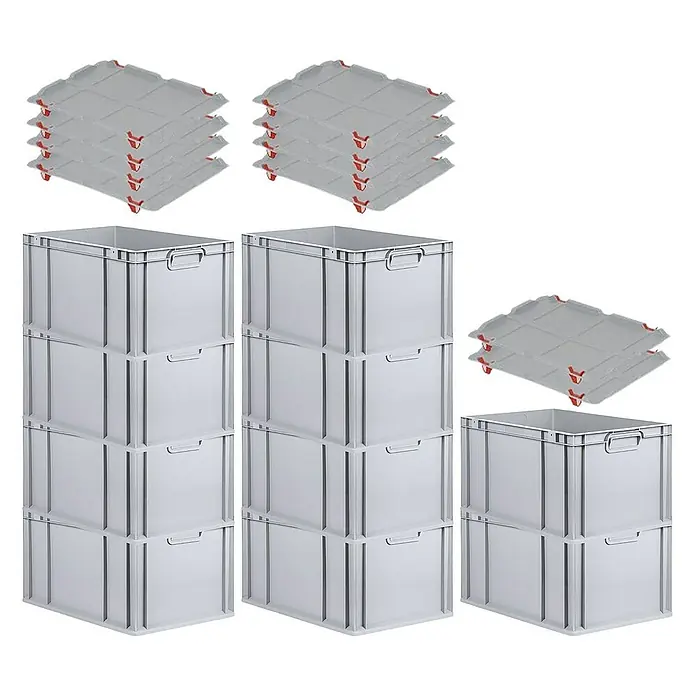 Proregal Euroboxen-Set 10x Eurobox NextGen Economy mit Auflagedeckel und 4x Verschlüsse Rot - L x B x H: 60 x 40 x 32 cm, Kunststoff, Grau, 10 Stk. - Stapelbare graue Lagerboxen und Deckel. Ideal für Lagerung und Organisation.