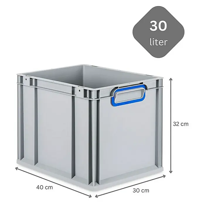 Proregal Euroboxen-Set 10x Eurobox NextGen Color mit Scharnierdeckel und Verschlüssen - Kunststoff, Grau, Blau, 10 Stk. - Graue 30-Liter-Kunststoffbox mit blauem Griff, ideal für Lagerung und Organisation. Abmessungen: 40 cm x 30 cm x 32 cm.