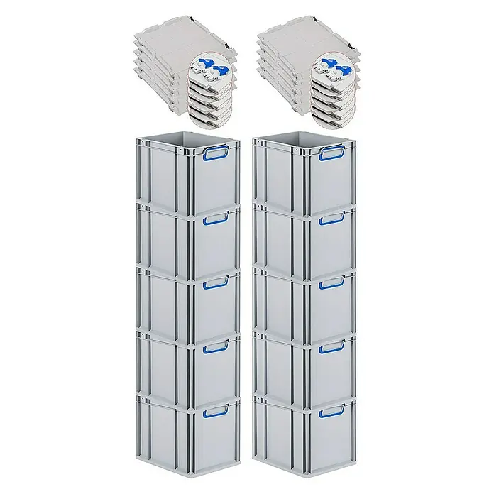 Proregal Euroboxen-Set 10x Eurobox NextGen Color mit Scharnierdeckel und Verschlüssen - Kunststoff, Grau, Blau, 10 Stk. - Produktansicht von zwei Stapeln grauer Aufbewahrungsboxen mit blauen Griffen und Deckeln, die vielseitige Aufbewahrungslösungen bieten.