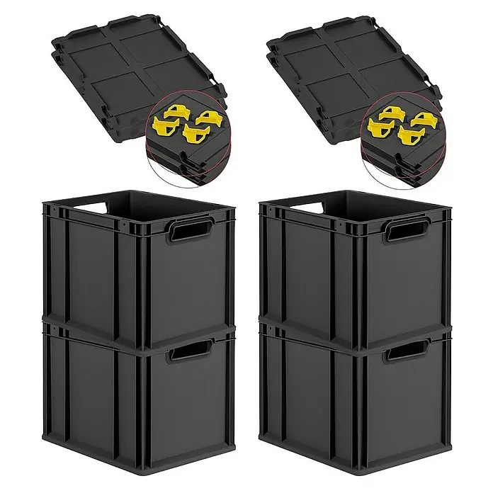 Proregal Euroboxen-Set 4x Eurobox NextGen Grip mit Scharnierdeckel und gelben Verschlüssen - Kunststoff, Schwarz, 4 Stk. - Bild von zwei Stapeln schwarzer Kunststoffboxen mit Deckel und gelben Clips, ideal zur Aufbewahrung und Organisation verschiedener Gegenstände.