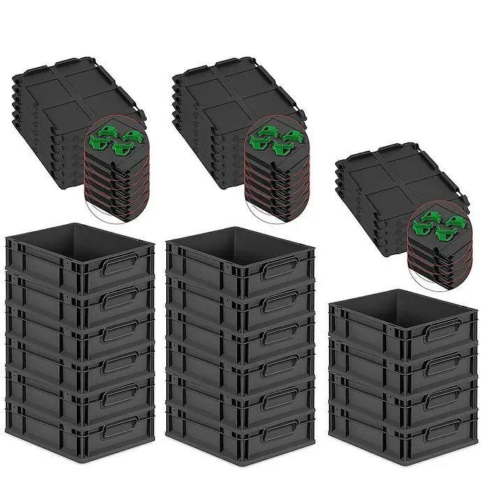 Proregal Euroboxen-Set 16x Eurobox NextGen Grip mit Auflagedeckel inkl. 4 grünen Verschlüssen - L x B x H: 40 x 30 x 12 cm, Kunststoff, Schwarz, 16 Stk. - Schwarze Kunststoffboxen und Deckel im Stapel. Perfekt zur Aufbewahrung und Organisation von Gegenständen aller Art.