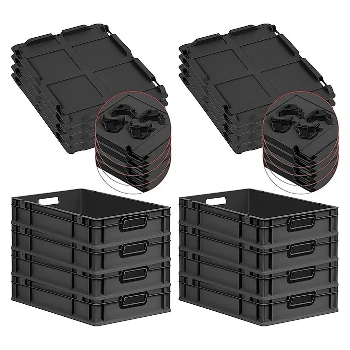 SuperSparSet 8x Eurobox NextGen Color mit Auflagedeckel und Schiebeschnappverschlüsse | HxBxT 12x40x60cm | 23 Liter | Schwarz | Griffe schwarz offen | Glatter Boden | Eurobehälter, Transportbox, Transportbehälter, Stapelbehälter -  - Schwarze Eurobehälter und Deckel, ideal für Lagerung & Transport. Stapelbar für effiziente Nutzung, robustes Design für vielfältige Anwendungen.