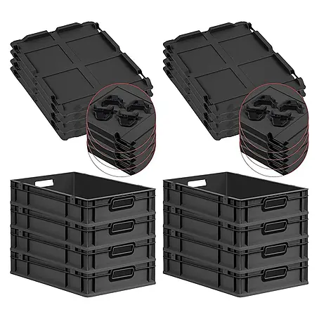 SuperSparSet 8x Eurobox NextGen Color mit Auflagedeckel und Schiebeschnappverschlüsse | HxBxT 12x40x60cm | 23 Liter | Schwarz | Griffe schwarz offen | Glatter Boden | Eurobehälter, Transportbox, Transportbehälter, Stapelbehälter