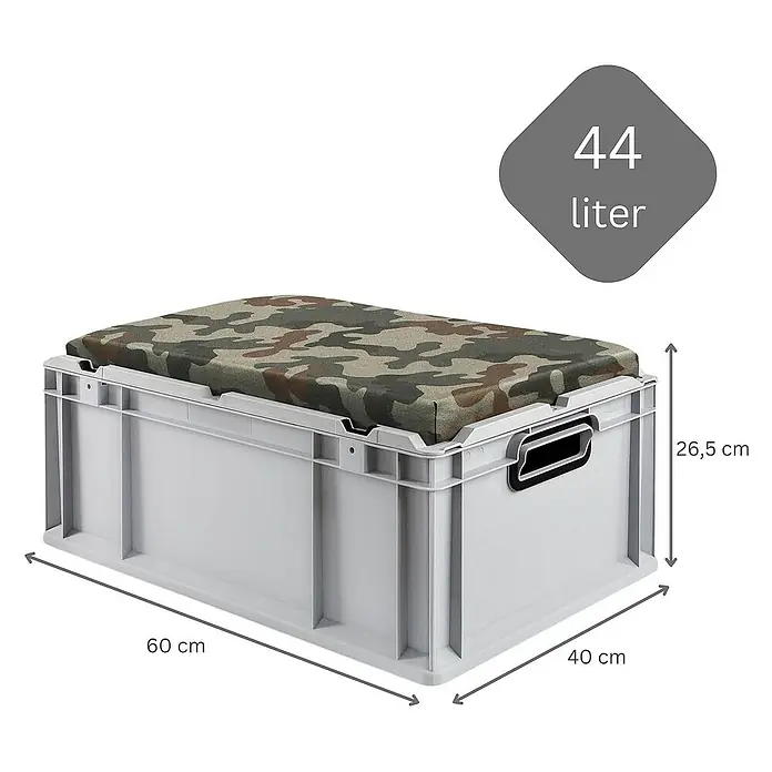 Proregal Euroboxen-Set 3x Eurobox NextGen Seat Box Camouflage - L x B x H: 60 x 40 x 26,5 cm, Kunststoff, Grau, Camouflage, 3 Stk. - Graue 44-Liter-Aufbewahrungsbox mit Tarnkissen, ideal für die Aufbewahrung und Organisation verschiedener Gegenstände.