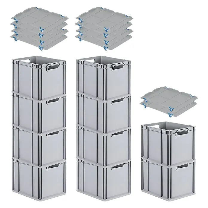 Proregal Euroboxen-Set 10x Eurobox NextGen Grip mit Auflagedeckel inkl. 4 blauen Verschlüssen - Kunststoff, Grau, 10 Stk. - Das Bild zeigt graue Lagerkisten aus Kunststoff mit Deckeln, die übereinander gestapelt sind und so für Ordnung sorgen.