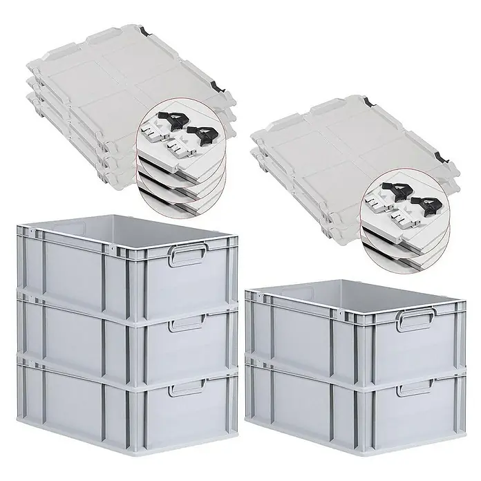 Proregal Euroboxen-Set 5x Eurobox NextGen Economy mit Scharnierdeckel und schwarzen Verschlüssen - L x B x H: 60 x 40 x 22 cm, Kunststoff, Grau, 5 Stk. - Auf dem Bild sind graue Eurobehälter und Deckel zu sehen. Die Behälter sind stabil und stapelbar, ideal für Lagerung und Transport.