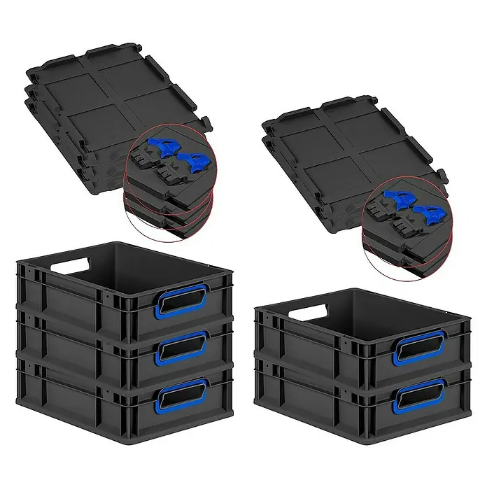 Proregal Euroboxen-Set 5x Eurobox NextGen Color mit Scharnierdeckel und Verschlüssen - L x B x H: 40 x 30 x 12 cm, Kunststoff, Schwarz, Blau, 5 Stk. - Stapelbare graue Eurobehälter mit blauen Griffen und passenden Deckeln. Ideal für Lagerung und Transport.
