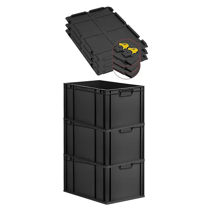 Proregal Euroboxen-Set 3x Eurobox NextGen Grip mit Scharnierdeckel und gelben Verschlüssen - L x B x H: 60 x 40 x 32 cm, Kunststoff, Schwarz, 3 Stk. - Auf dem Bild sind schwarze Kunststoffbehälter und Deckel abgebildet. Die Deckel sind stapelbar und mit gelben Verriegelungen versehen.