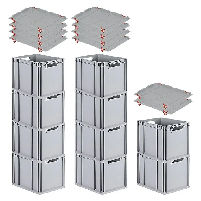 Proregal Euroboxen-Set 10x Eurobox NextGen Grip mit Auflagedeckel inkl. 4 roten Verschlüssen - Kunststoff, Grau, 10 Stk. - Graue Euroboxen und Deckel im Stapel. Das perfekte Aufbewahrungssystem für Zuhause oder das Büro.
